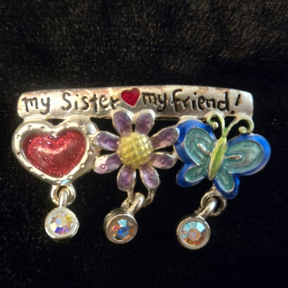 Sister Friend Heart Flower Butterfly Brooch - Silver, Red, Purple, Blue
